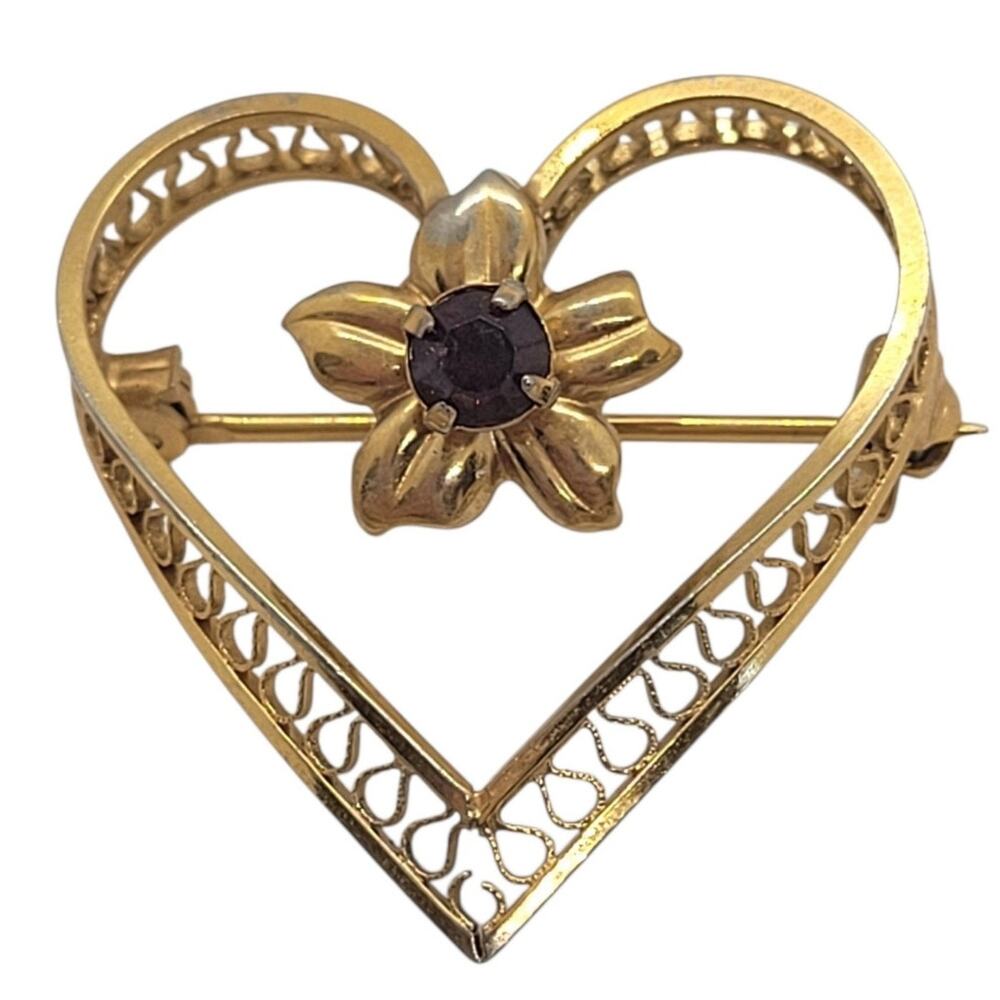 Van Lou 12K Gold Filled Heart Flower Brooch Vintage Red Rhinestone Coquette